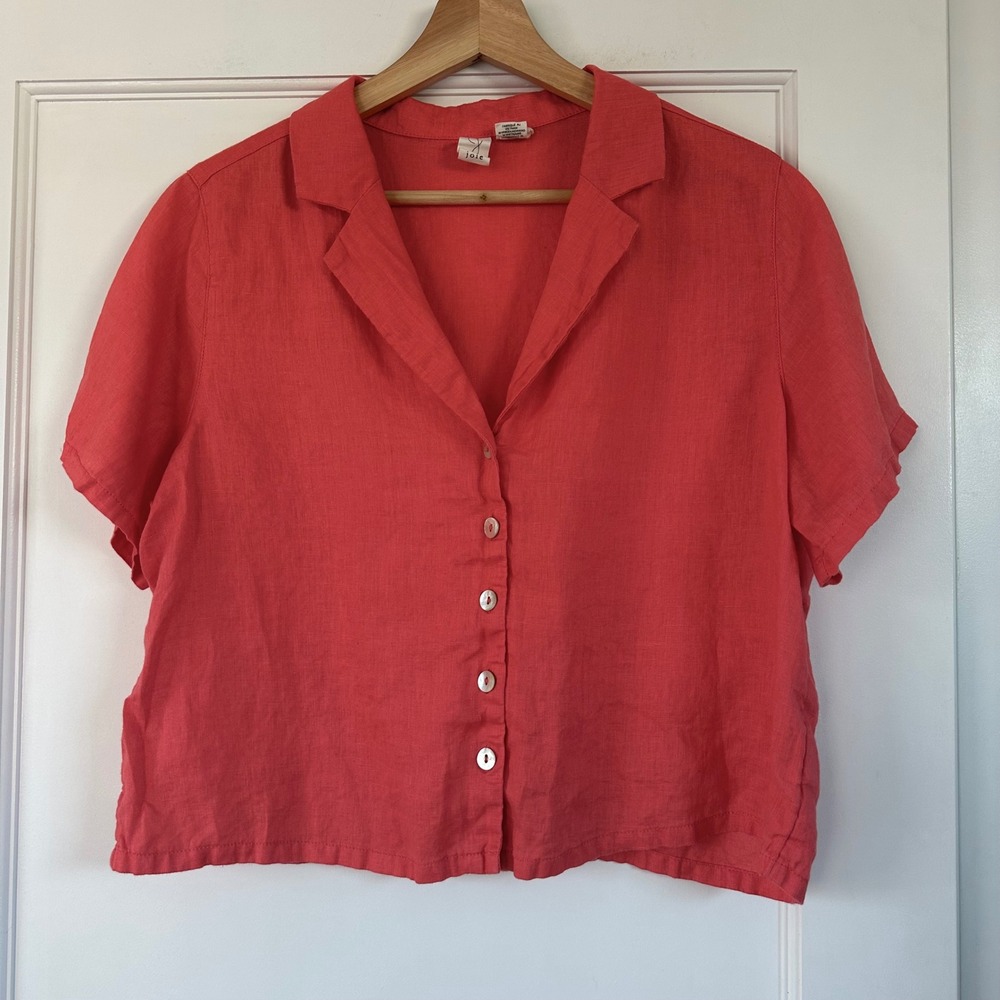 Joie‎ Womens Coral 100% Linen Short Sleeve Camp Collar Button Down Shirt L